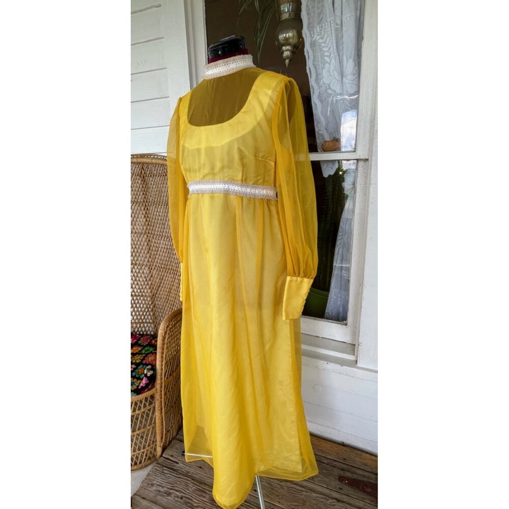Vintage 1970s Mustard Yellow Sheer Nylon Maxi Dress Size M - Picture 11 of 16